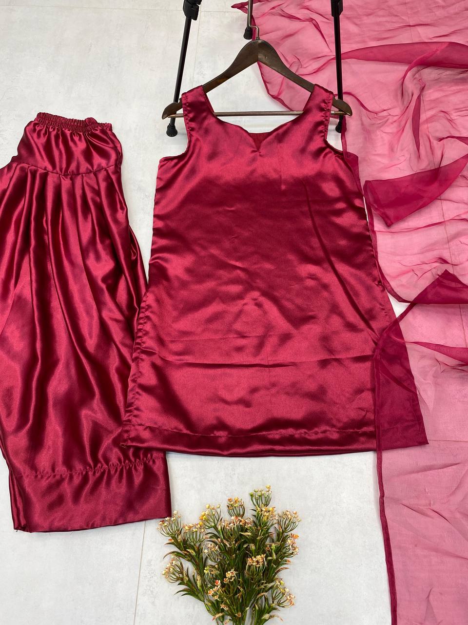Beautiful Wine Color Moss Satin Designer Salwar Suit