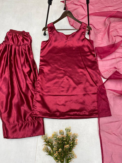 Beautiful Wine Color Moss Satin Designer Salwar Suit