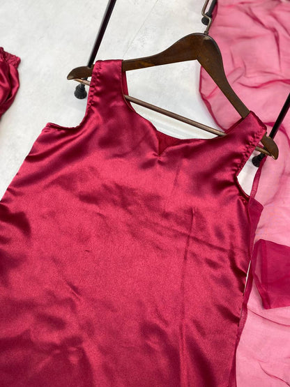 Beautiful Wine Color Moss Satin Designer Salwar Suit