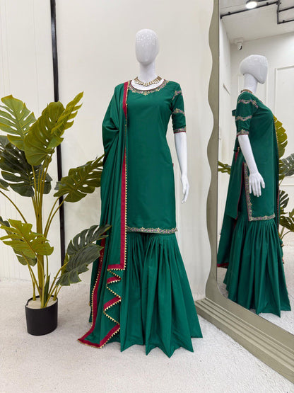 Party Wear Teal Green Natural Crepe And Thread With Sequence Work Sharara Suit