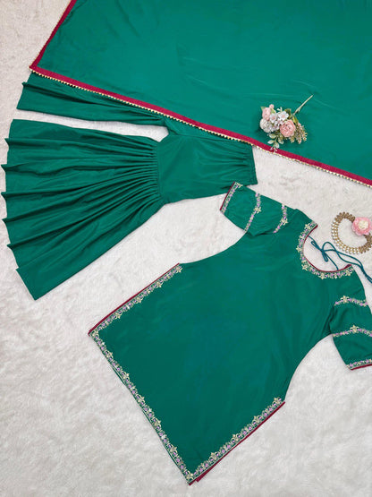 Party Wear Teal Green Natural Crepe And Thread With Sequence Work Sharara Suit