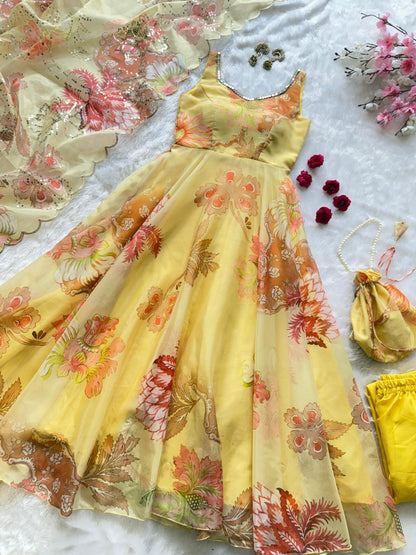Yellow Organza Floral Printed Festive Wear Anarkali Suit Set