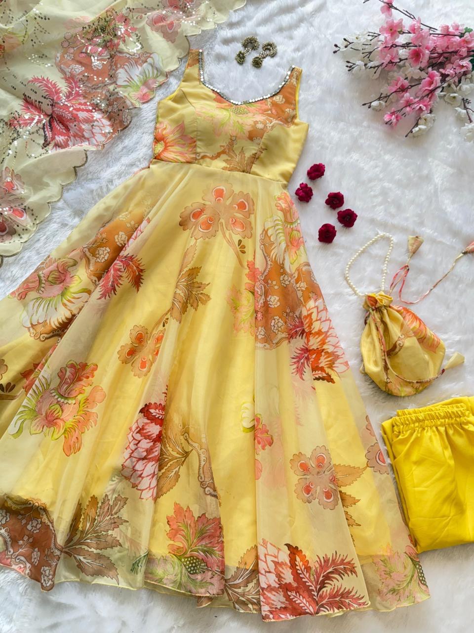 Yellow Organza Floral Printed Festive Wear Anarkali Suit Set