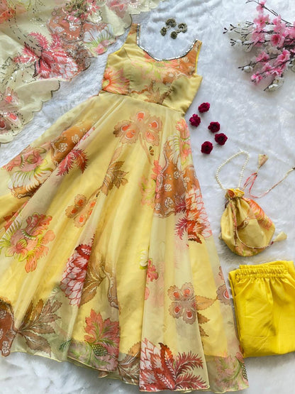 Yellow Organza Floral Printed Festive Wear Anarkali Suit Set