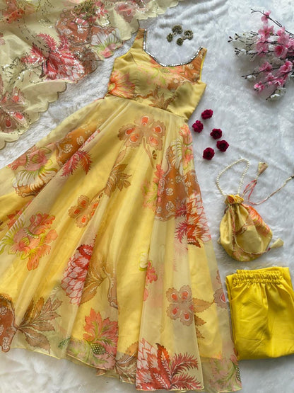 Yellow Organza Floral Printed Festive Wear Anarkali Suit Set