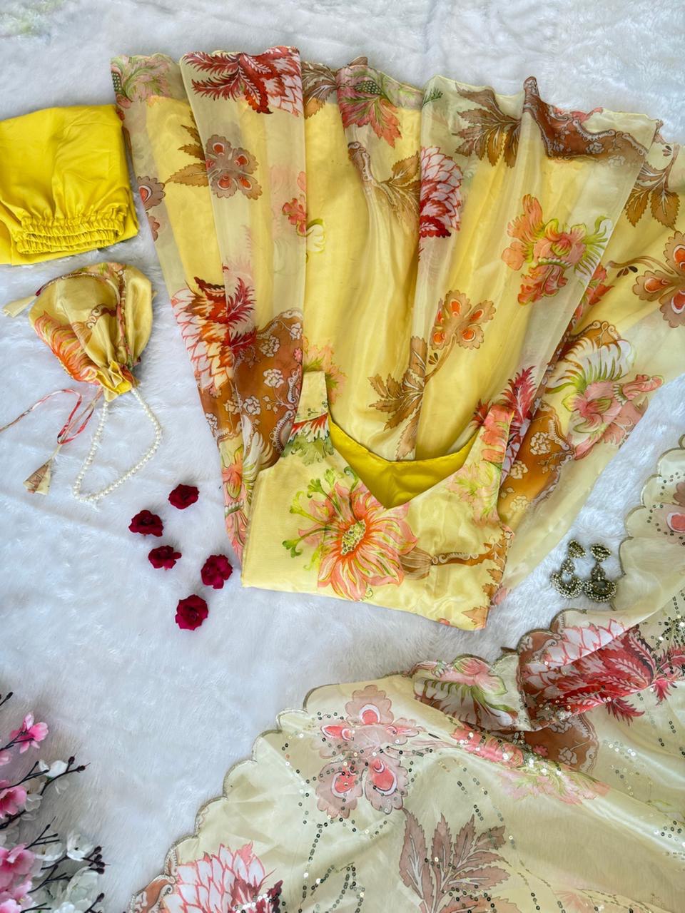 Yellow Organza Floral Printed Festive Wear Anarkali Suit Set