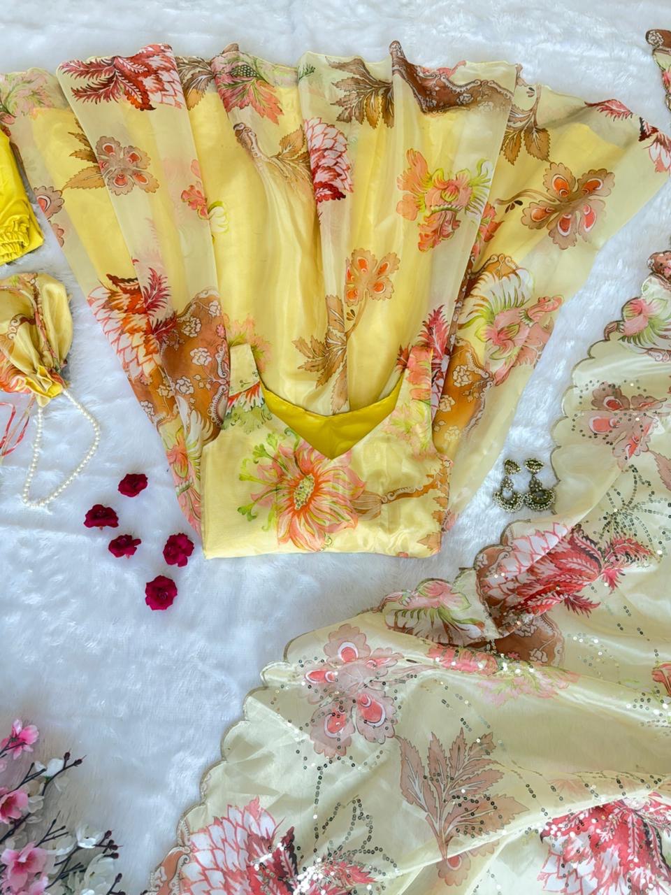Yellow Organza Floral Printed Festive Wear Anarkali Suit Set