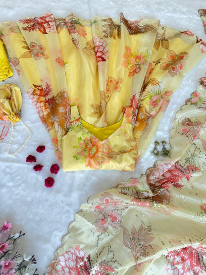 Yellow Organza Floral Printed Festive Wear Anarkali Suit Set
