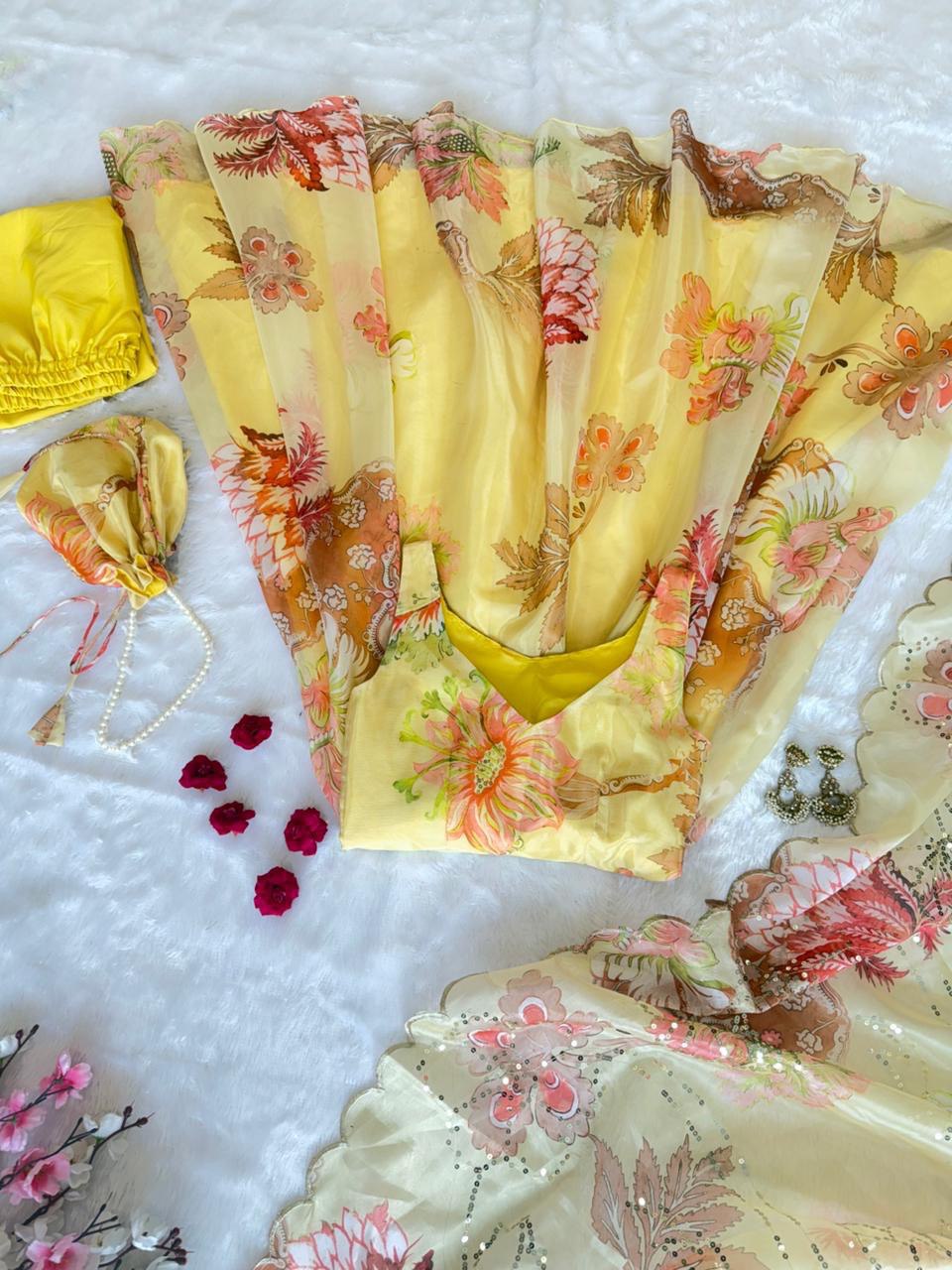 Yellow Organza Floral Printed Festive Wear Anarkali Suit Set
