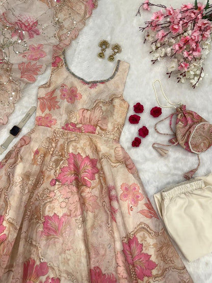 Cream Organza Floral Printed Festive Wear Anarkali Suit Set