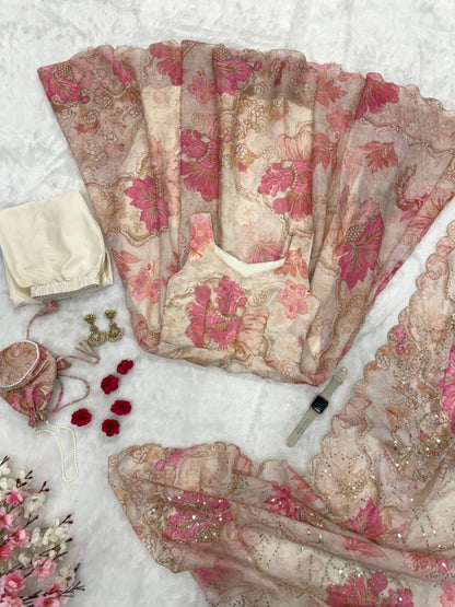 Cream Organza Floral Printed Festive Wear Anarkali Suit Set