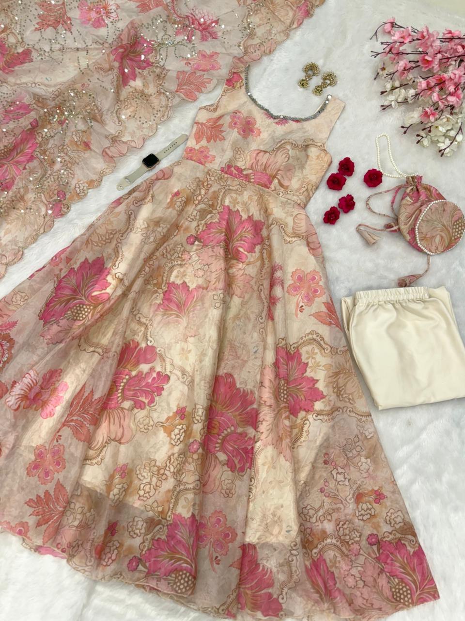 Cream Organza Floral Printed Festive Wear Anarkali Suit Set