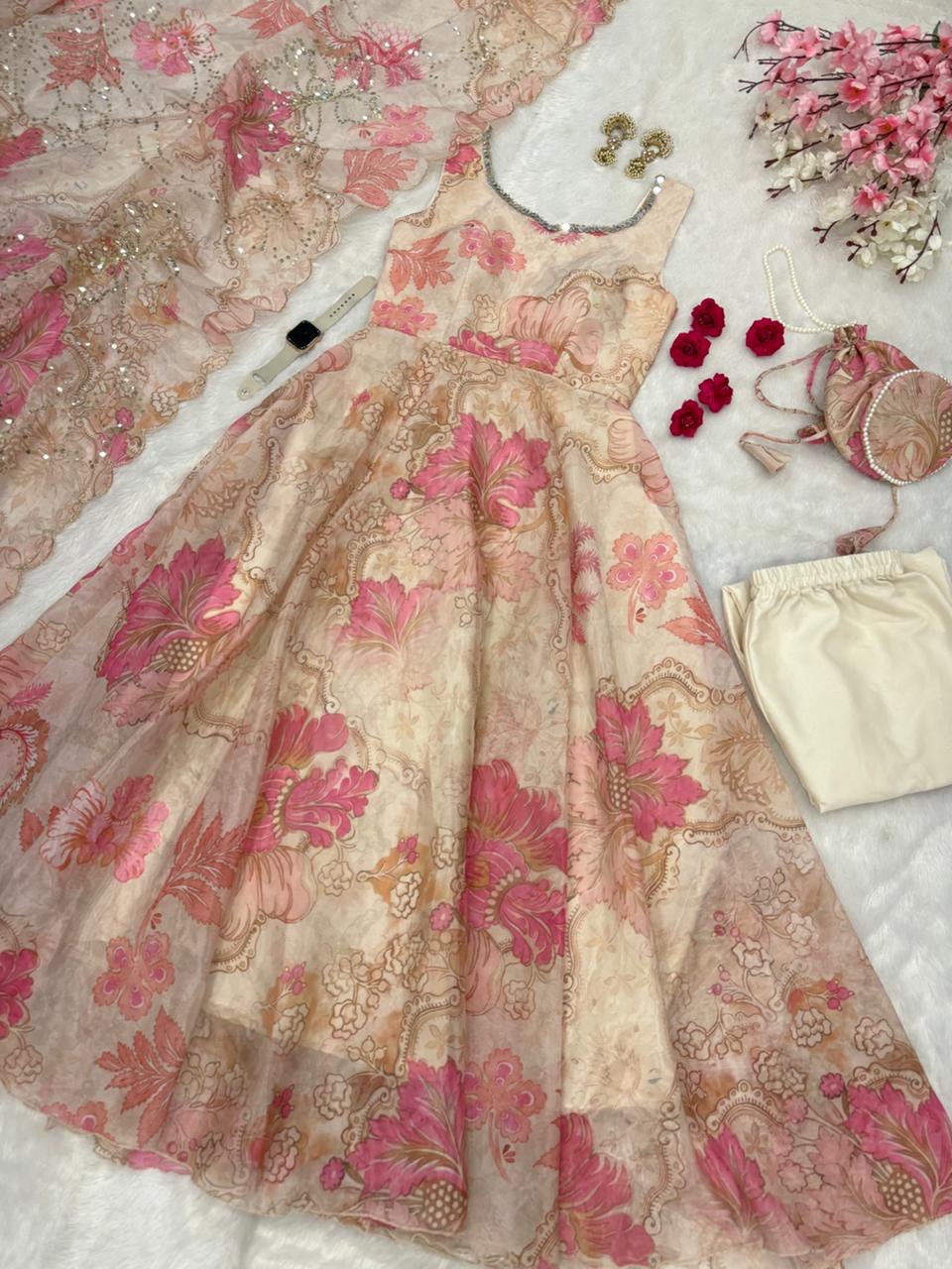 Cream Organza Floral Printed Festive Wear Anarkali Suit Set