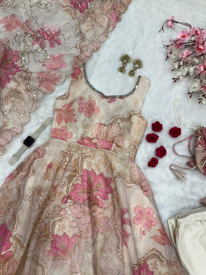 Cream Organza Floral Printed Festive Wear Anarkali Suit Set