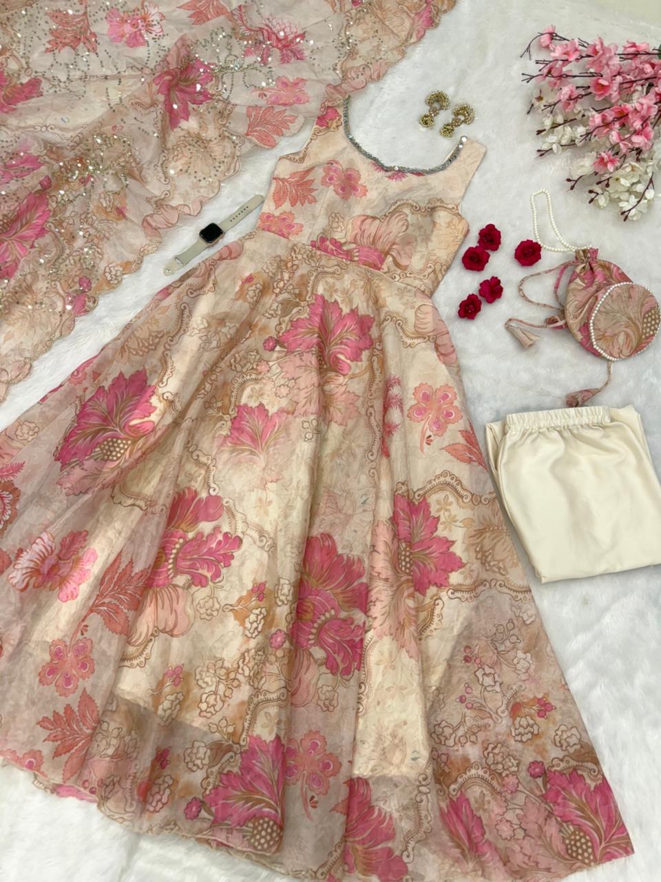 Cream Organza Floral Printed Festive Wear Anarkali Suit Set