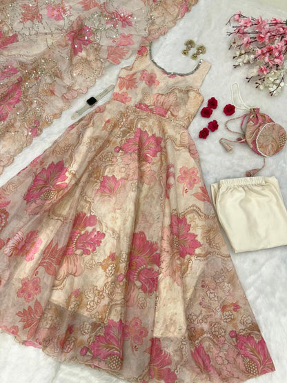 Cream Organza Floral Printed Festive Wear Anarkali Suit Set