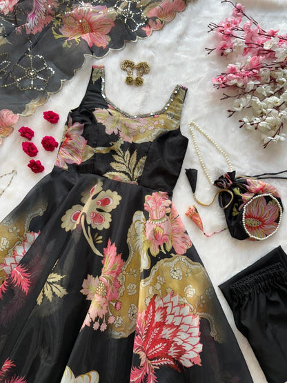 Black Organza Floral Printed Festive Wear Anarkali Suit Set
