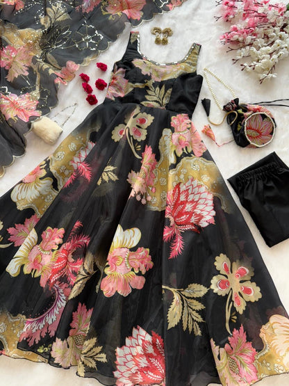 Black Organza Floral Printed Festive Wear Anarkali Suit Set