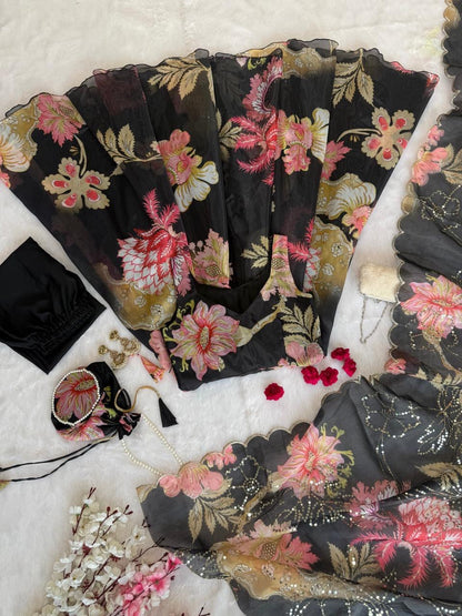 Black Organza Floral Printed Festive Wear Anarkali Suit Set