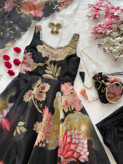 Black Organza Floral Printed Festive Wear Anarkali Suit Set