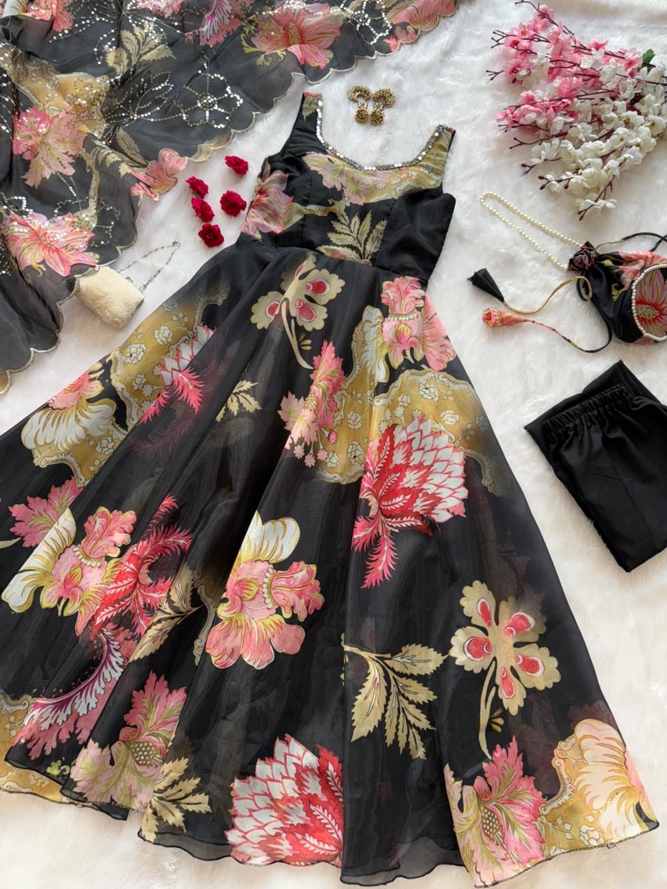 Black Organza Floral Printed Festive Wear Anarkali Suit Set