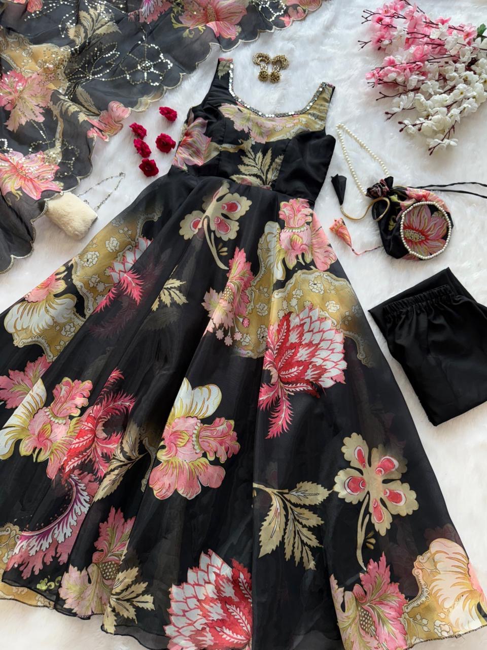 Black Organza Floral Printed Festive Wear Anarkali Suit Set