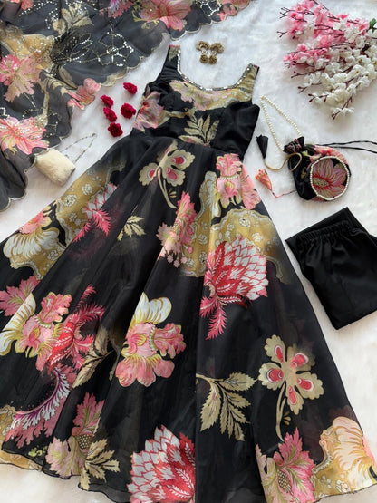 Black Organza Floral Printed Festive Wear Anarkali Suit Set