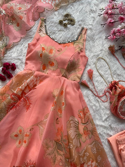 Peach Organza Floral Printed Festive Wear Anarkali Suit Set