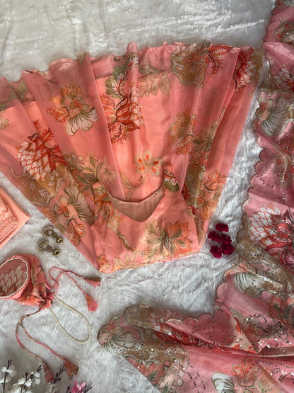 Peach Organza Floral Printed Festive Wear Anarkali Suit Set