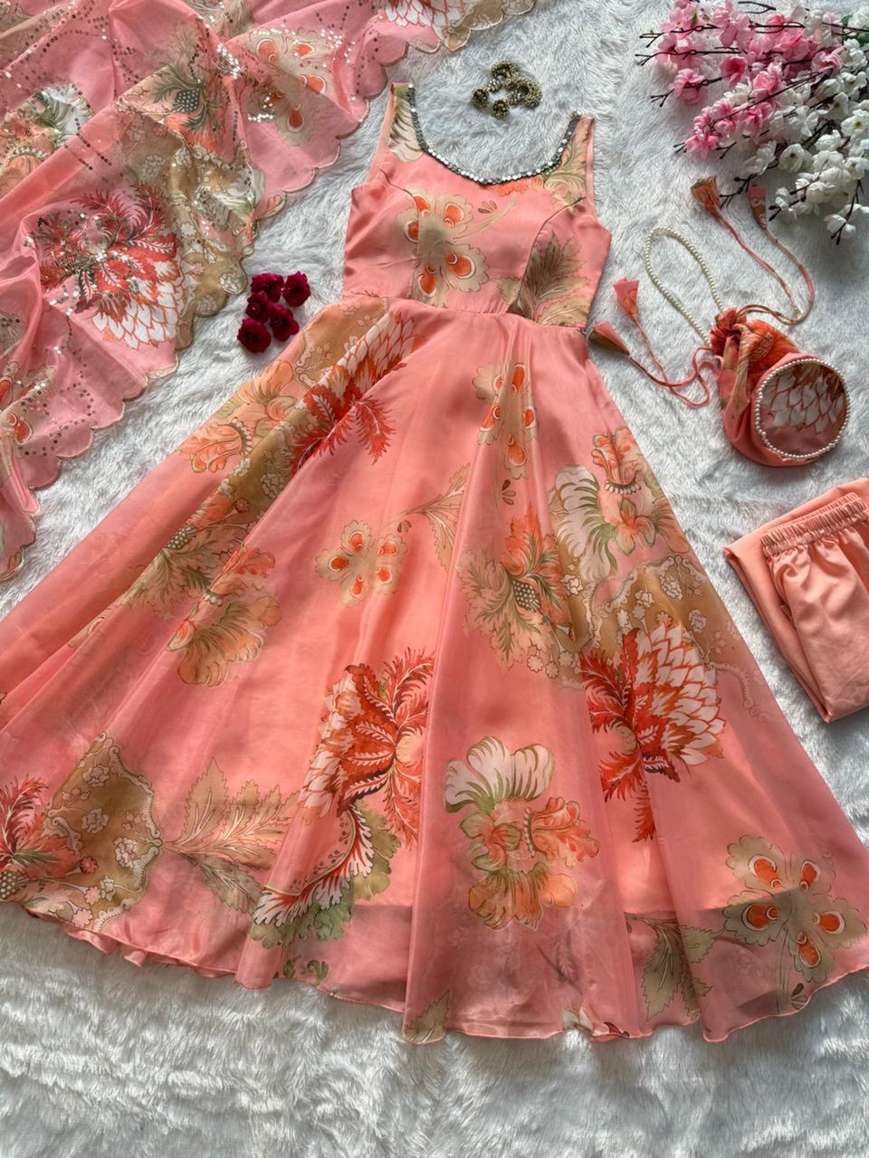 Peach Organza Floral Printed Festive Wear Anarkali Suit Set