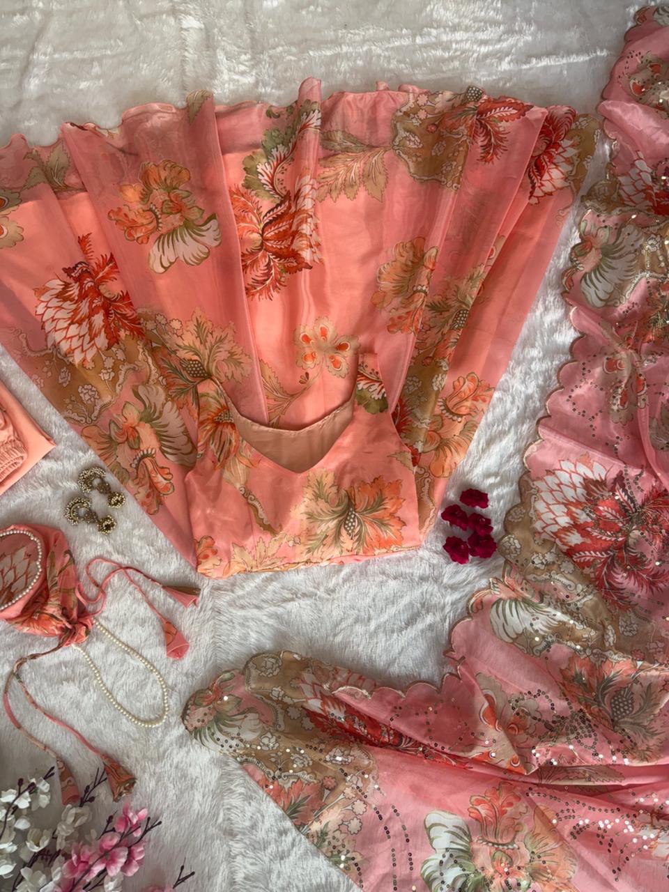 Peach Organza Floral Printed Festive Wear Anarkali Suit Set