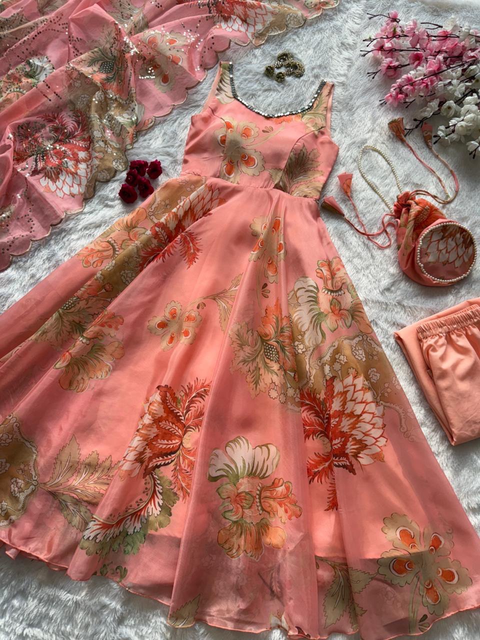 Peach Organza Floral Printed Festive Wear Anarkali Suit Set