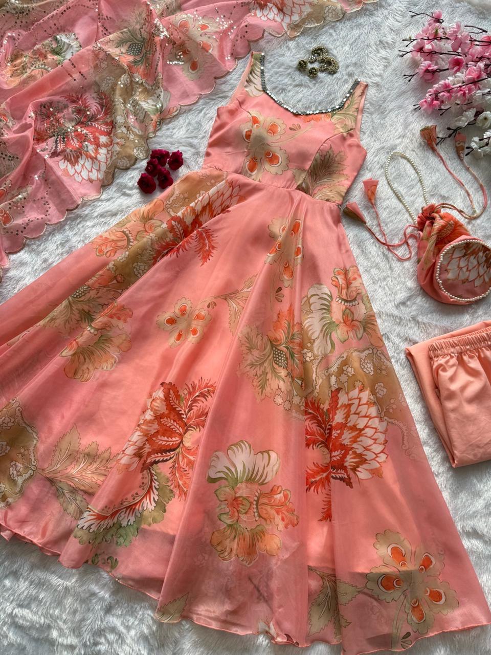 Peach Organza Floral Printed Festive Wear Anarkali Suit Set