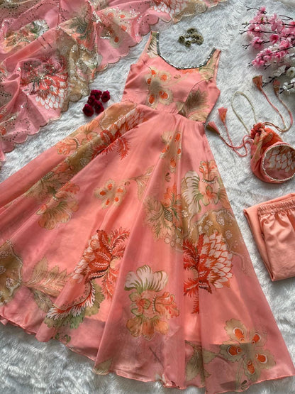 Peach Organza Floral Printed Festive Wear Anarkali Suit Set