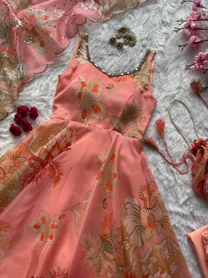 Peach Organza Floral Printed Festive Wear Anarkali Suit Set