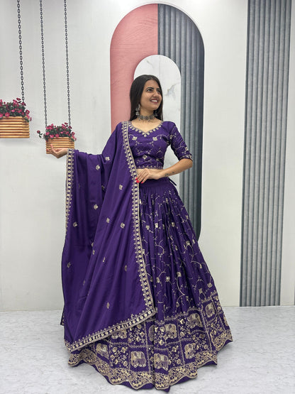Celebrity Style Purple Color Heavy Embroidered Lehenga Set