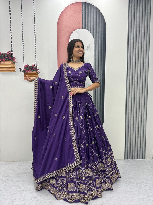 Celebrity Style Purple Color Heavy Embroidered Lehenga Set