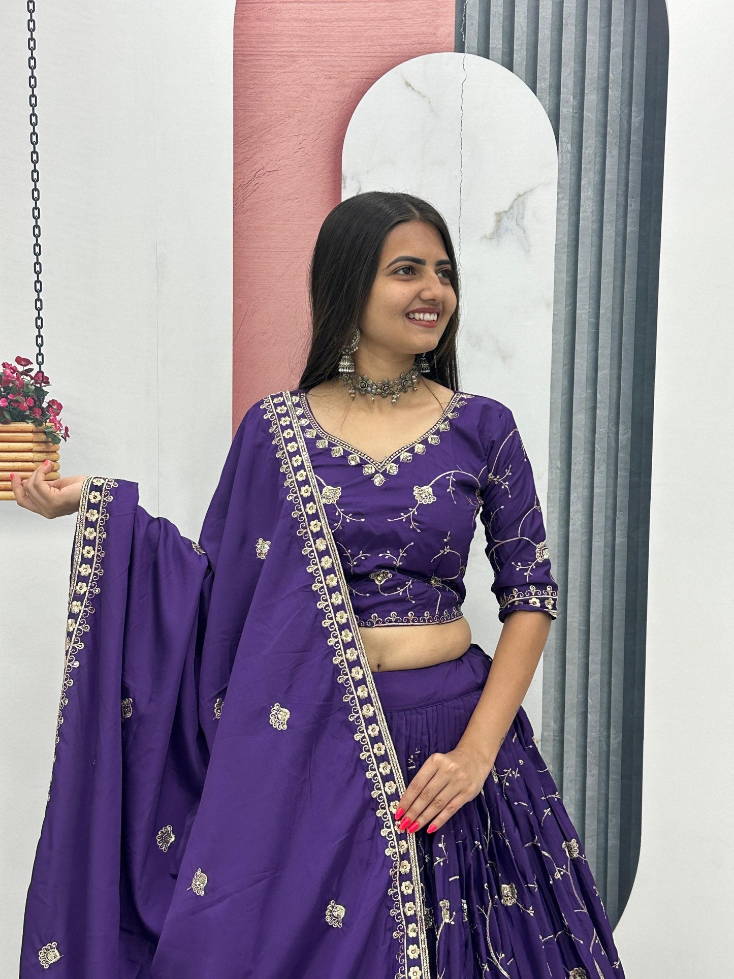 Celebrity Style Purple Color Heavy Embroidered Lehenga Set