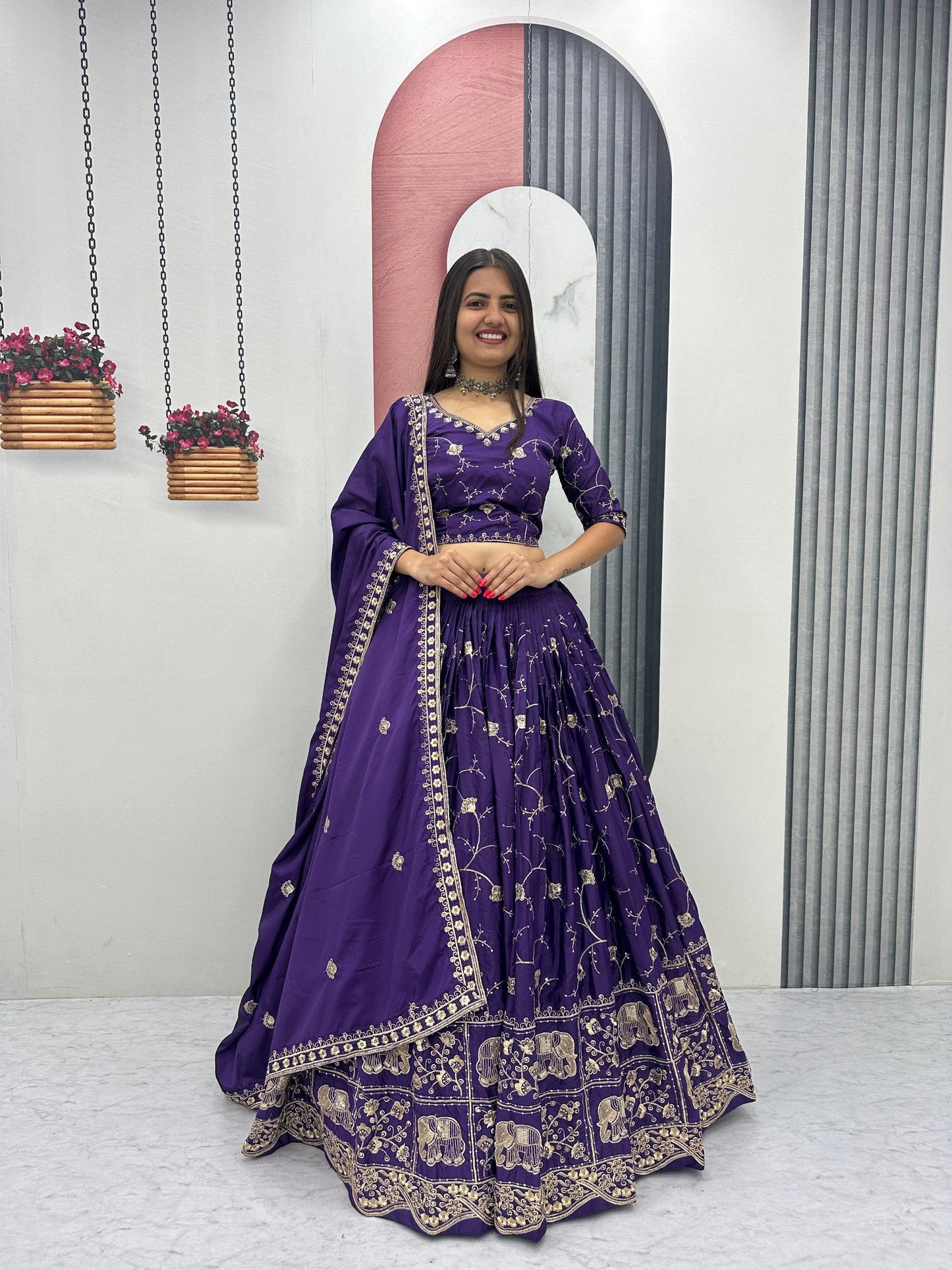 Celebrity Style Purple Color Heavy Embroidered Lehenga Set