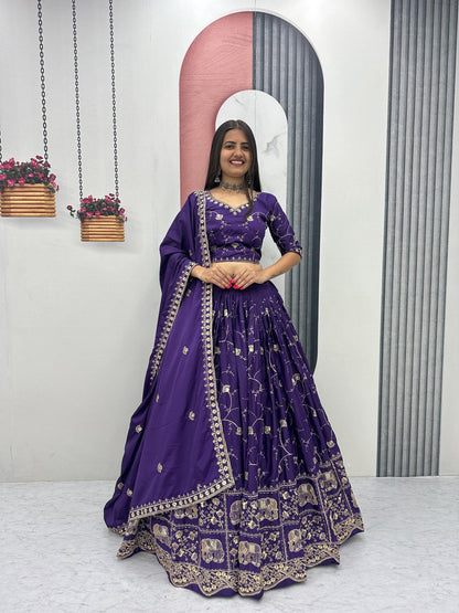 Celebrity Style Purple Color Heavy Embroidered Lehenga Set
