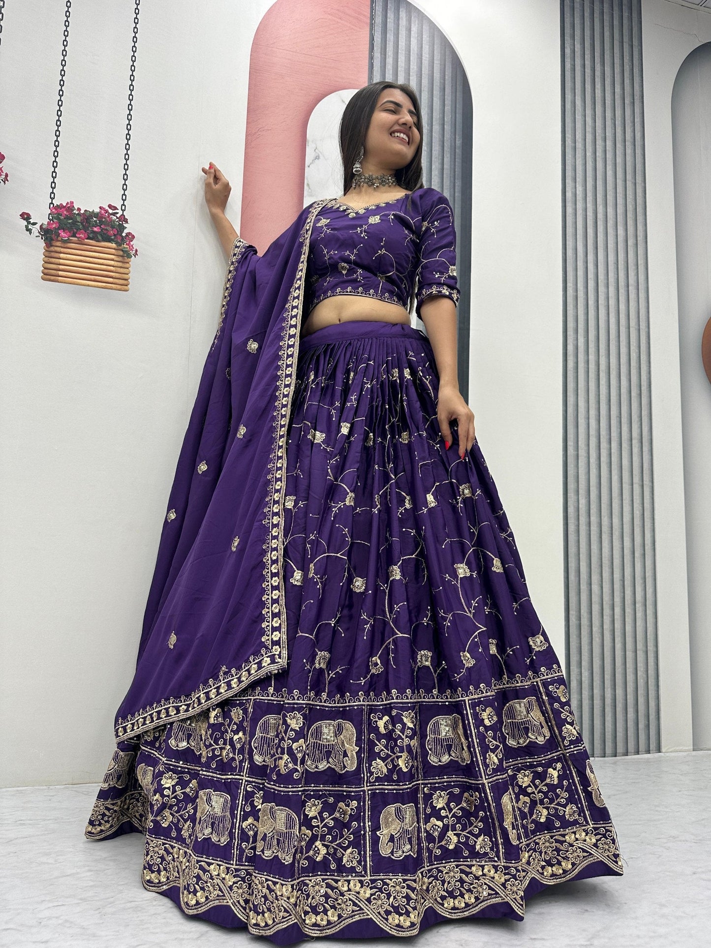 Celebrity Style Purple Color Heavy Embroidered Lehenga Set