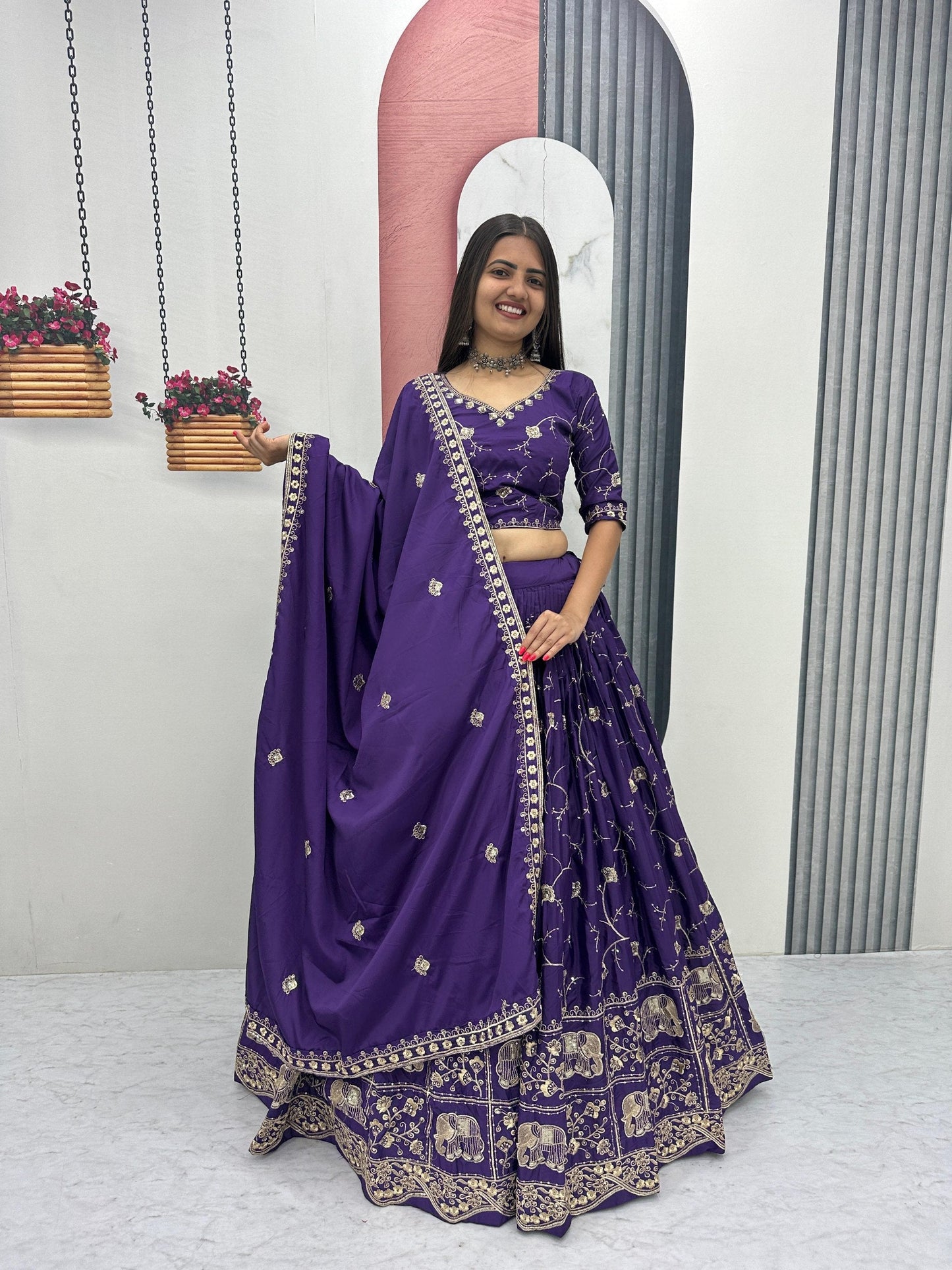 Celebrity Style Purple Color Heavy Embroidered Lehenga Set