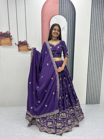 Celebrity Style Purple Color Heavy Embroidered Lehenga Set