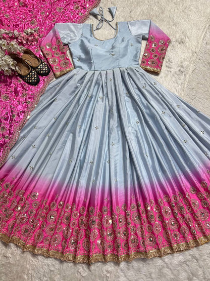 Preferable Pink And Grey Color Heavy Pure Chinon And Digital Printed Anarkali Suit