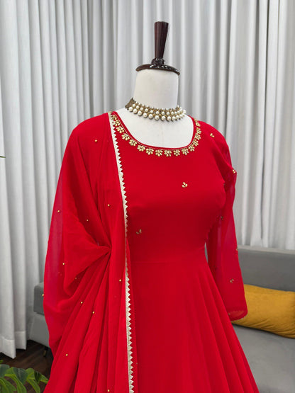 Gorgeous Red Color Fully Flair Designer Gown Set