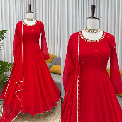 Gorgeous Red Color Fully Flair Designer Gown Set