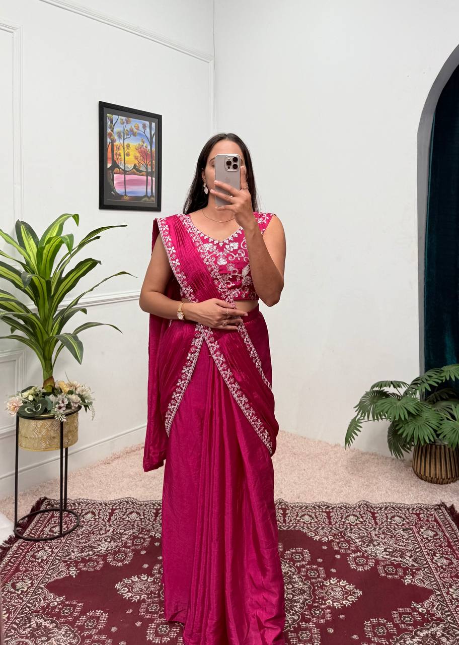 Trending Pink Color Chinon With Embroidered Lace Border Ready To Wear Saree