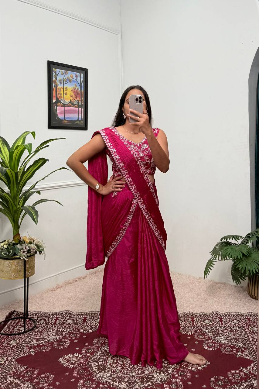 Trending Pink Color Chinon With Embroidered Lace Border Ready To Wear Saree