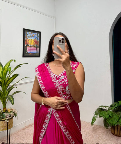 Trending Pink Color Chinon With Embroidered Lace Border Ready To Wear Saree