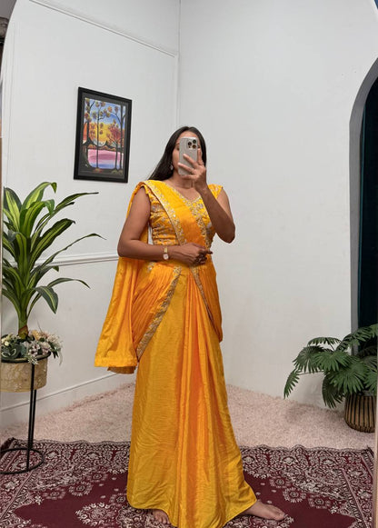 Trending Yellow Color Chinon With Embroidered Lace Border Ready To Wear Saree